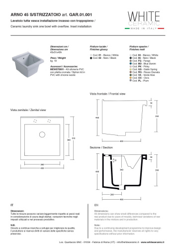 Раковина White Ceramic Постирочные раковины 45 см GAR.01.001 встраиваемая цвет белый глянцевый - фото 2
