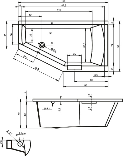Ванна акриловая Riho GETA B030001005 160х90 пристенная асимметричная - фото 2