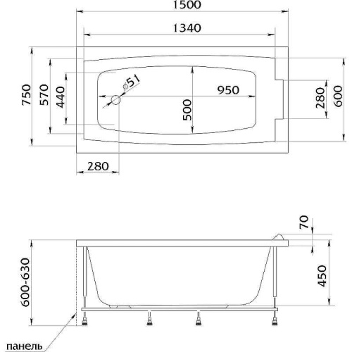 Ванна акриловая 1MarKa AELITA 01ае1775 170х75 пристенная прямоугольная без каркаса - фото 5 Ванна акриловая 1MarKa AELITA 01ае1775 170х75 пристенная прямоугольная без каркаса - фото 5