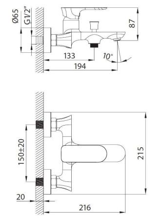 Смеситель для ванны Creavit PR2500 настенный хром