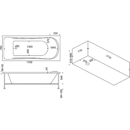 Ванна акриловая Bas Атланта В 00003 170х70 пристенная прямоугольная с каркасом