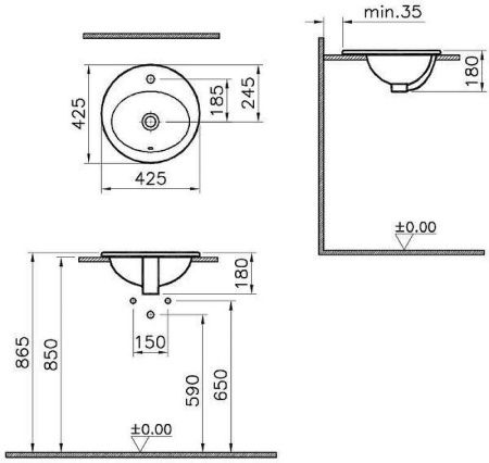Раковина из сантехнического фарфора Vitra S20 5466B003-0001 40х40 накладная цвет белый 1 отверстие под смеситель
