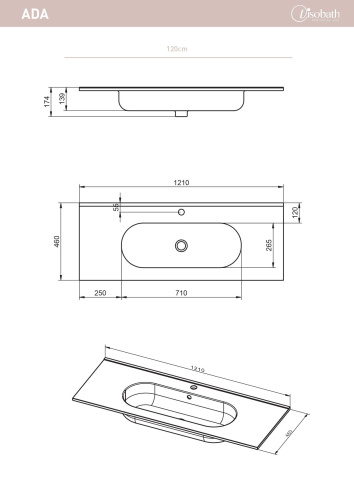 Раковина керамическая Visobath Ada 83807 120х48 встраиваемая цвет белый глянцевый 1 отверстие под смеситель - фото 2