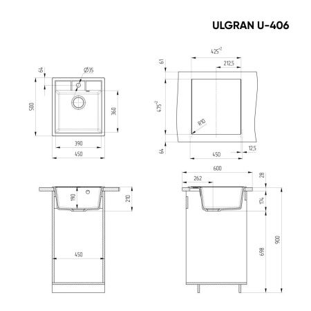 Кухонная мойка Ulgran Classic U-406-341 45х50 цвет белый