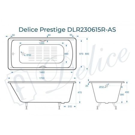 Ванна чугунная Delice Prestige DLR230615R-AS 170х80 пристенная прямоугольная без ножек с отверстиями под ручки