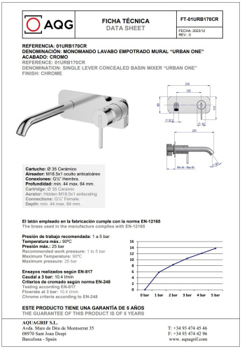 Смеситель AQG Urban 01URB170CR встраиваемый в стену хром - фото 2