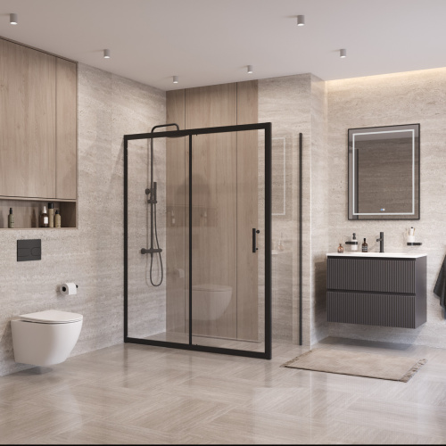 Душевой уголок BelBagno UNO-195 UNO-195-AH-1-140/80-C-NERO 140х80 стекло прозрачное профиль черный без поддона - фото 3