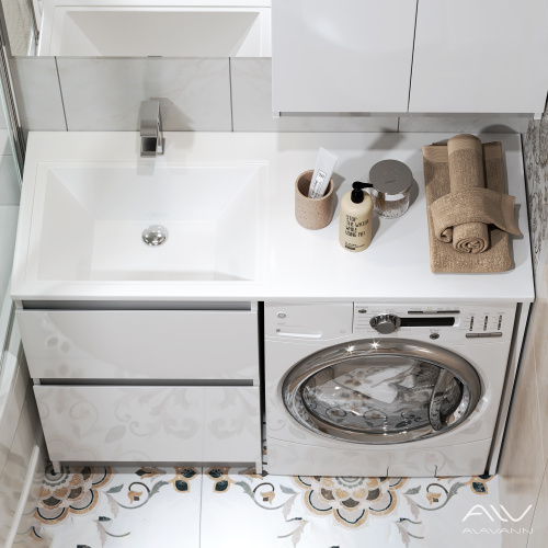 Тумба с раковиной Alavann Soft Silver 120 ALV0994000 напольная белая/металлик с ящиками - фото 2