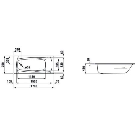 Ванна стальная Laufen Palladium 2.2511.3.000.040.1 170х75 встраиваемая прямоугольная без ножек
