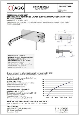 Смеситель для раковины AQG Urban Flow 01URF170CR встраиваемый в стену хром
