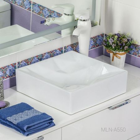 Раковина из сантехнического фарфора Melana A550-805 40х40 накладная цвет белый без отверстий под смеситель