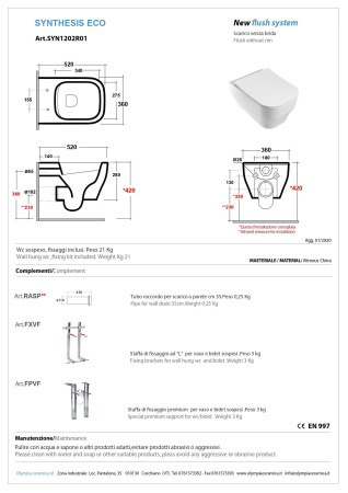 Чаша унитаза подвесная Olympia Sinthesis Eco SYNSETR11 цвет белый матовый без сиденья безободковая