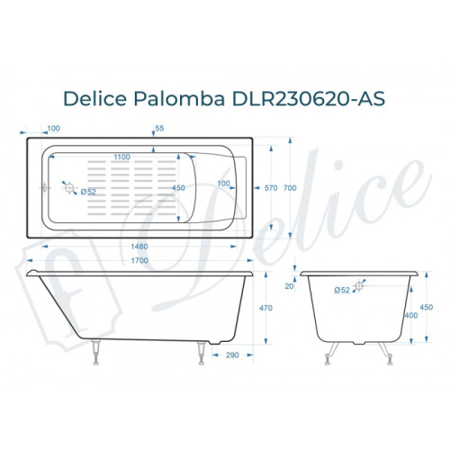 Ванна чугунная Delice Palomba DLR230620-AS 170х70 пристенная прямоугольная - фото 2