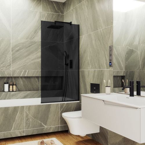 Душевая шторка на ванну Maybah Glass MGV-83-6у 90х140 стекло тонированное профиль черный ориентация универсальная