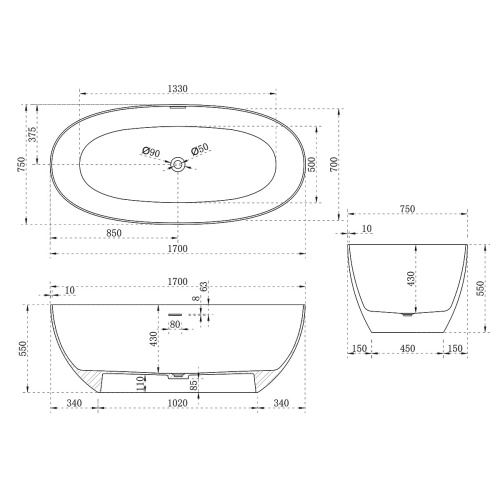 Ванна из искусственного камня Vincea Solid Surface VBT-6S01MW 170х75 отдельностоящая овальная - фото 4