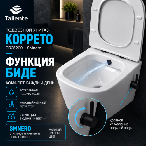 Унитаз подвесной Taliente Correto CR25200+SMnero белый с сиденьем микролифт безободковый смыв торнадо - фото 2