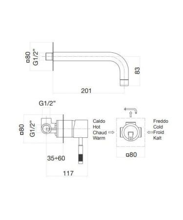 Смеситель для раковины Webert Rimini RI830605010 встраиваемый в стену золото