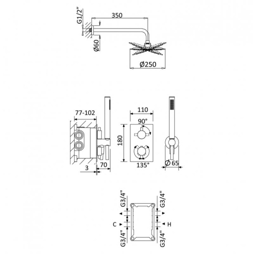Душевая система Cezares LEAF LEAF-DSIP-T-25-01 встраиваемая - фото 2
