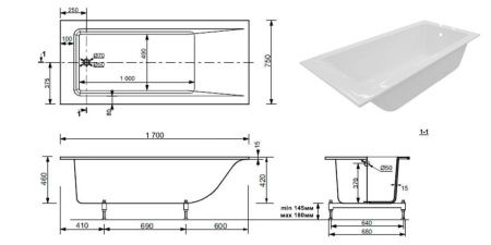 Ванна из литьевго мрамора Taliente Egoista Stretto EG2317075-1Stretto 170х75 пристенная прямоугольная без ножек и каркаса