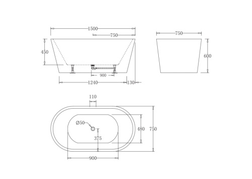 Ванна акриловая BelBagno BB71-1500-W0 150х75 отдельностоящая овальная - фото 2