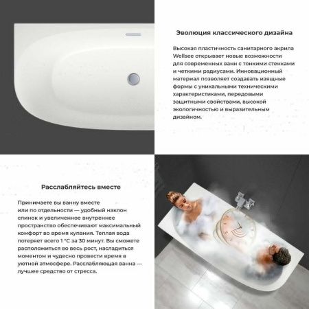 Ванна акриловая Wellsee Belle Spa 2.0 235805000 170х75 пристенная асимметричная с каркасом