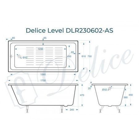 Ванна чугунная Delice Level DLR230602-AS 170х75 пристенная прямоугольная без ножек с антискользящим покрытием