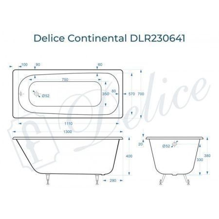 Ванна чугунная Delice Continental DLR230641 130х70 пристенная прямоугольная без ножек