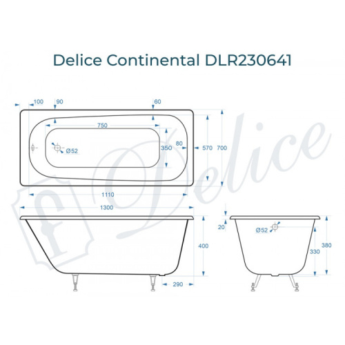 Ванна чугунная Delice Continental DLR230641 130х70 пристенная прямоугольная - фото 2