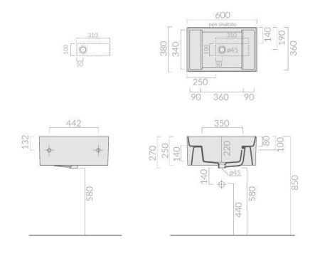 Раковина из сантехнического фарфора Galassia Meg11Pro 5484 60х40 подвесная цвет белый