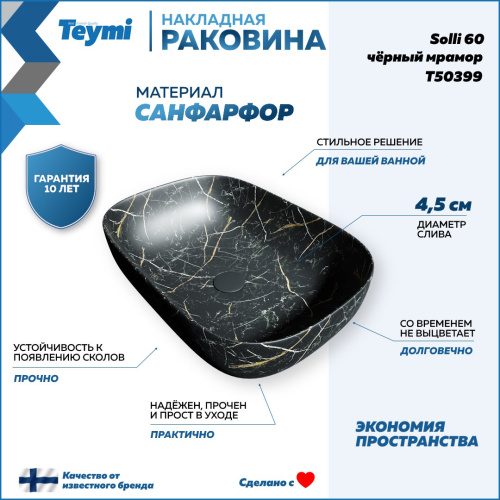 Раковина из сантехнического фарфора Teymi Solli T50399 61х40 накладная цвет черный - фото 2