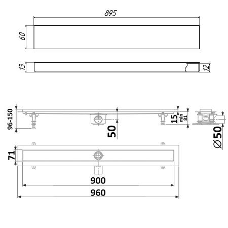 Душевой лоток Timo Standart DP20900-PG20900 95х15 хром