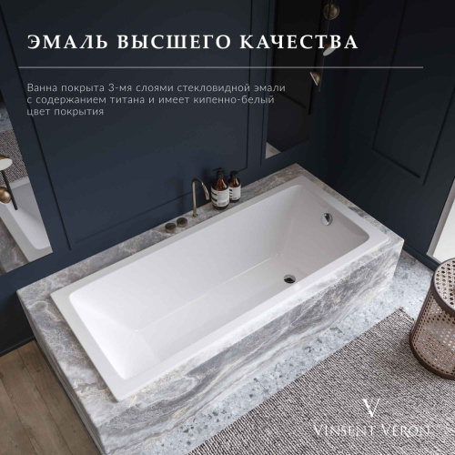 Ванна чугунная Vinsent Veron Square VSQ1407045H/VH0012GD-AS 140х70 пристенная прямоугольная с ножками с ручками - фото 5