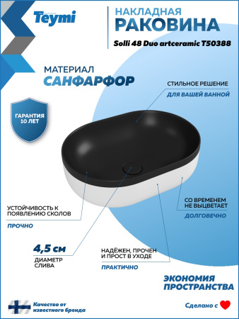 Раковина из сантехнического фарфора Teymi Solli T50388 49х35 накладная цвет черный/белый без отверстий под смеситель