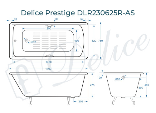 Ванна чугунная Delice Prestige DLR230625R-AS 170х75 пристенная прямоугольная без ножек с отверстиями под ручки - фото 3
