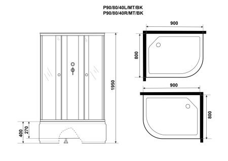 Душевая кабина Niagara Promo P90/80/40L/MT/BK 90х80 асимметричная без крыши ориентация левая