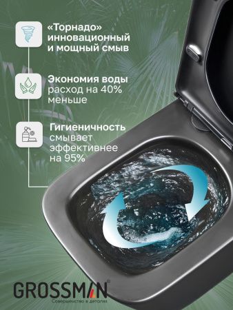 Унитаз подвесной Grossman Торнадо GR-4404BMSQ черный с сиденьем микролифт безободковый смыв торнадо