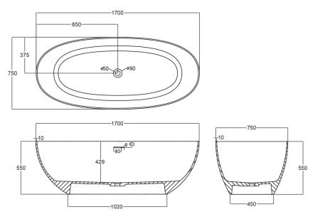 Ванна из полиэфирной смолы Abber Kristall AT9703Vesuvian 170х80 отдельностоящая овальная