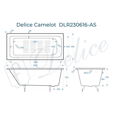 Ванна чугунная Delice Camelot DLR230616-AS 180х80 пристенная прямоугольная без ножек с антискользящим покрытием
