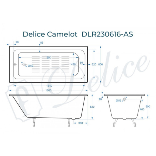 Ванна чугунная Delice Camelot DLR230616-AS 180х80 пристенная прямоугольная - фото 2