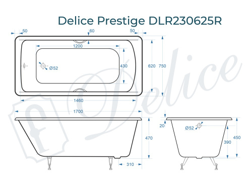 Ванна чугунная Delice Prestige DLR230625R 170х75 пристенная прямоугольная без ножек с отверстиями под ручки - фото 3