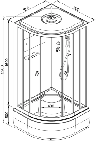 Душевая кабина AvaCan D80SLED 80х80 четверть круга с крышей ориентация универсальная