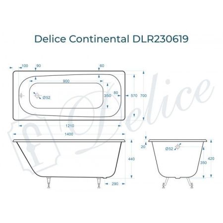 Ванна чугунная Delice Continental DLR230619 140х70 пристенная прямоугольная без ножек