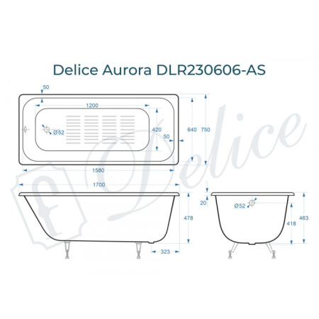 Ванна чугунная Delice Aurora DLR230606-AS 170х75 пристенная прямоугольная без ножек с антискользящим покрытием