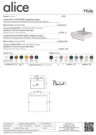 Раковина керамическая Alice Hide 31230101S 60х50 подвесная цвет белый 1 отверстие под смеситель
