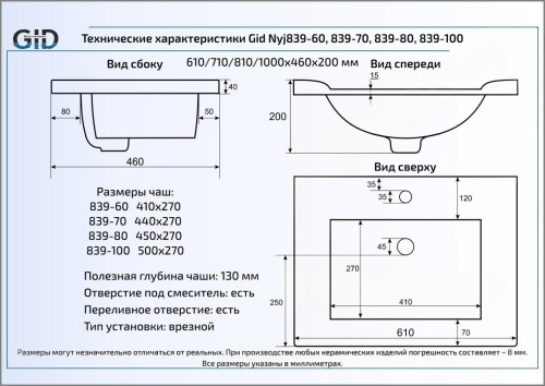 Раковина из санфаянса Gid Simple-N 71124 100х46 встраиваемая цвет белый глянцевый - фото 3