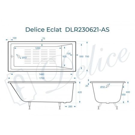 Ванна чугунная Delice Eclat DLR230621-AS 170х70 пристенная прямоугольная без ножек с антискользящим покрытием