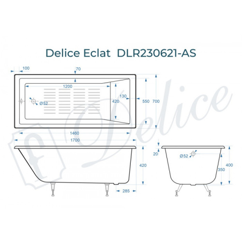 Ванна чугунная Delice Eclat DLR230621-AS 170х70 пристенная прямоугольная - фото 2