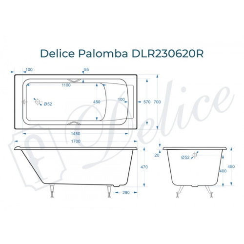Ванна чугунная Delice Palomba DLR230620R 170х70 пристенная прямоугольная - фото 2