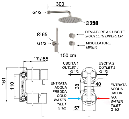 Душевая система Remer X Style Inox SSX92PS02UFM25 встраиваемая в стену цвет нержавеющая сталь