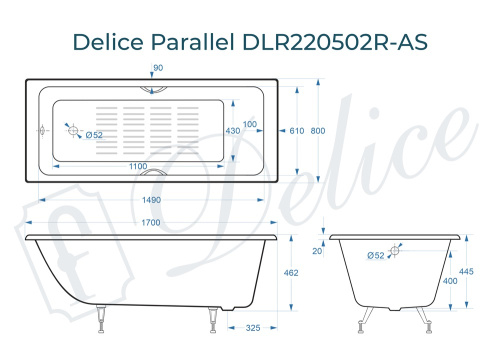 Ванна чугунная Delice Parallel DLR220502RB-AS 170х80 пристенная прямоугольная без ножек с черными матовыми ручками и антискользящим покрытием - фото 3